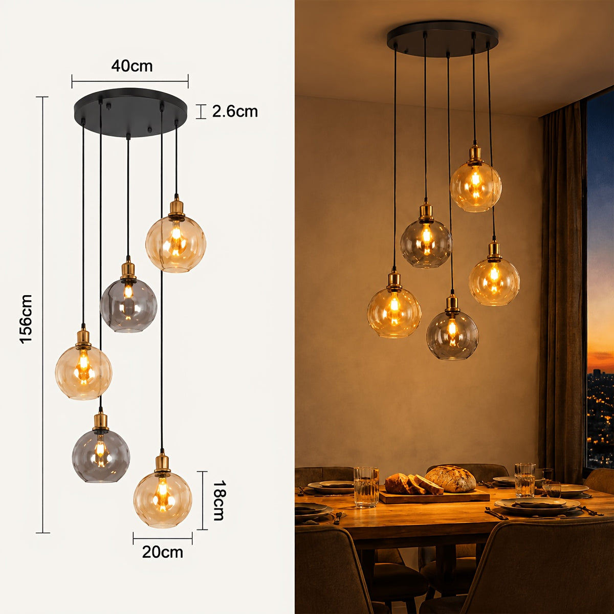 Suspension cascade 5 globes en verre ambré et fumé, hauteur 156 cm