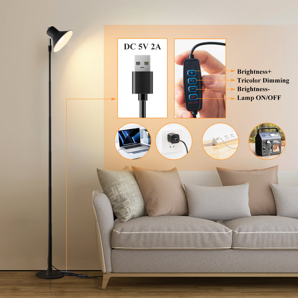 Lampe de sol LED noire orientable, hauteur réglable de 45 à 145 cm