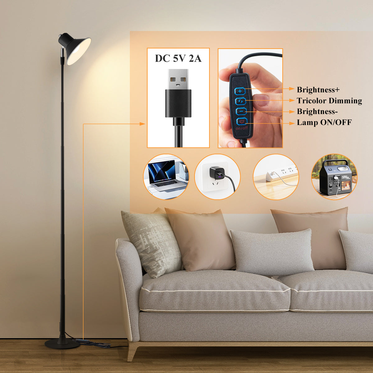 Lampe de sol LED noire orientable, hauteur réglable de 45 à 145 cm