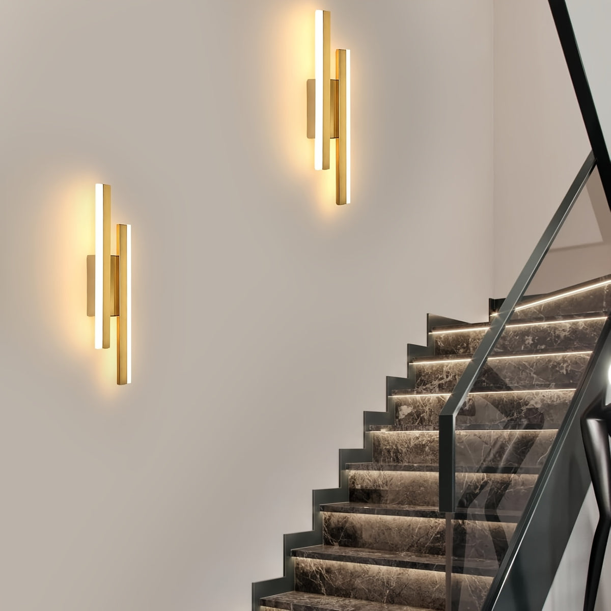 Applique murale LED dorée double barre décalée 40 cm, blanc neutre