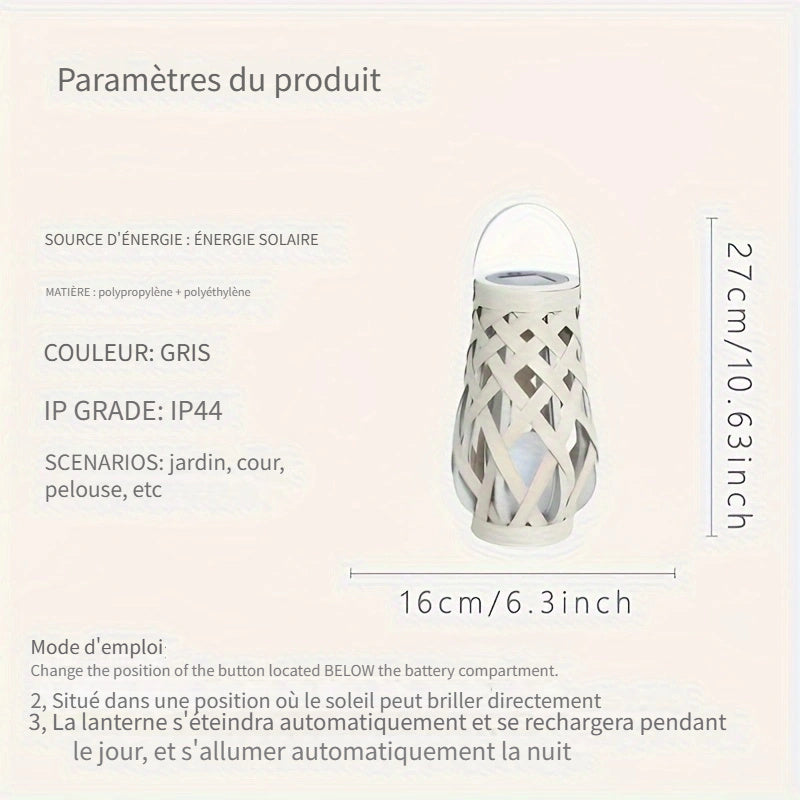 Lanterne solaire tressée grise effet osier, IP44, 27 cm de haut