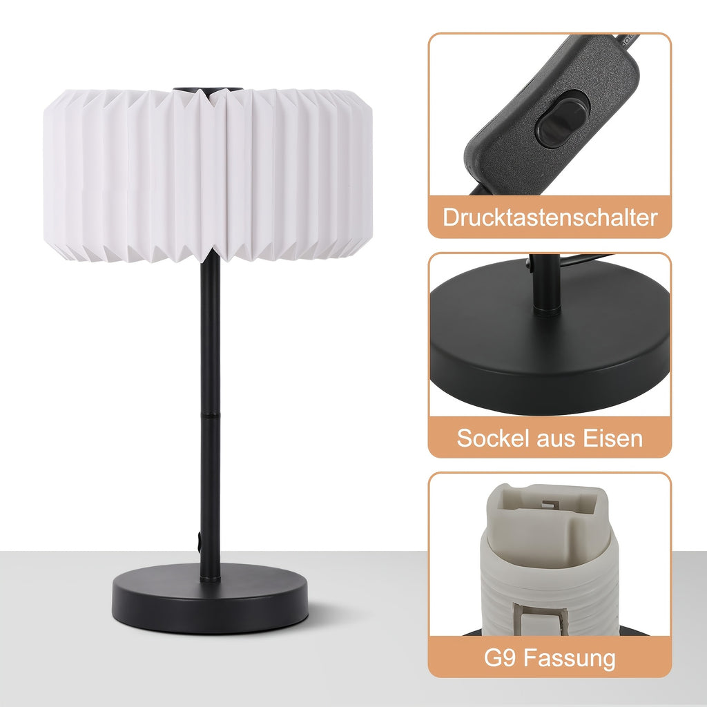 Lampe de chevet abat-jour plissé en papier blanc, pied noir G9
