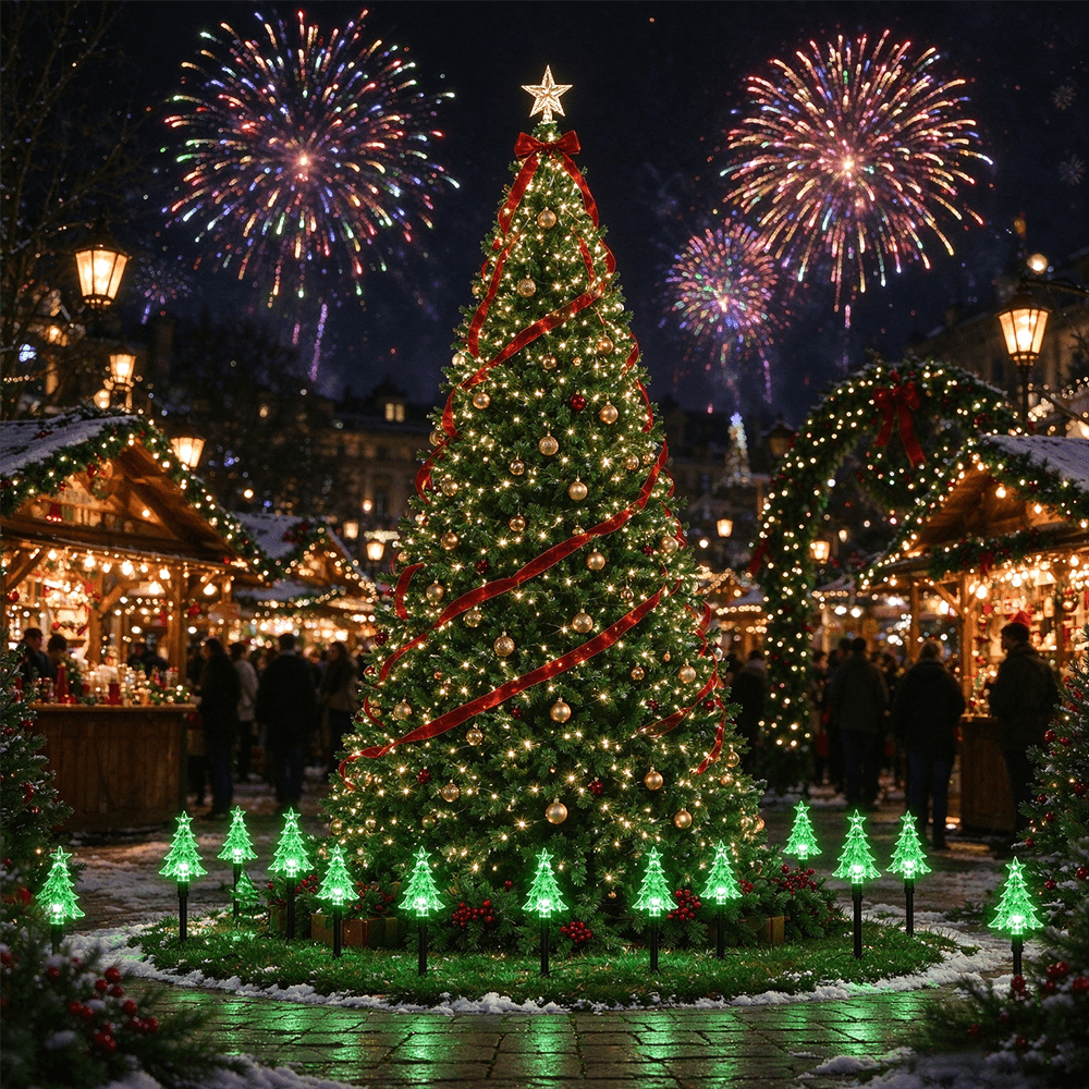 Lot de 10 sapins lumineux LED sur piquet, à piles, vert ou jaune