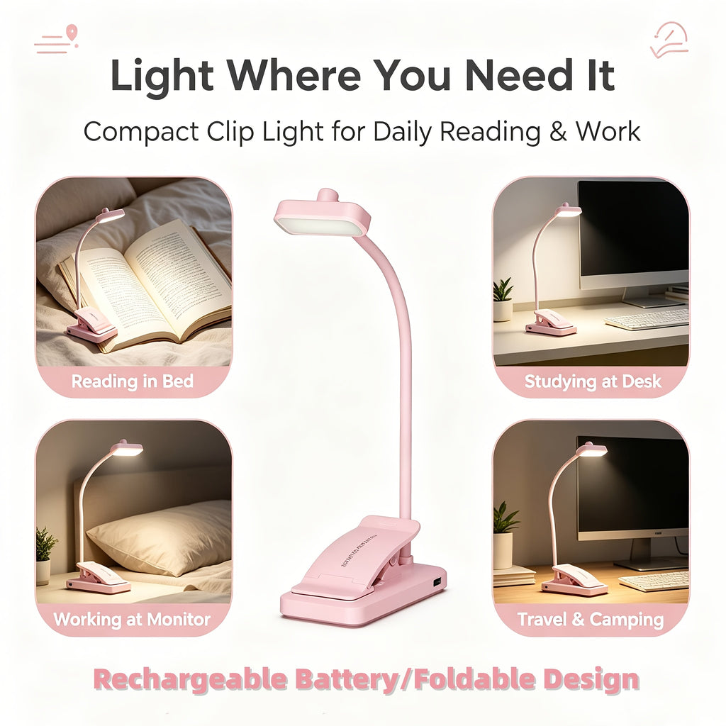 Lampe de lecture à pince rose pliable, col silicone, recharge USB