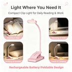 Lampe de lecture à pince rose pliable, col silicone, recharge USB