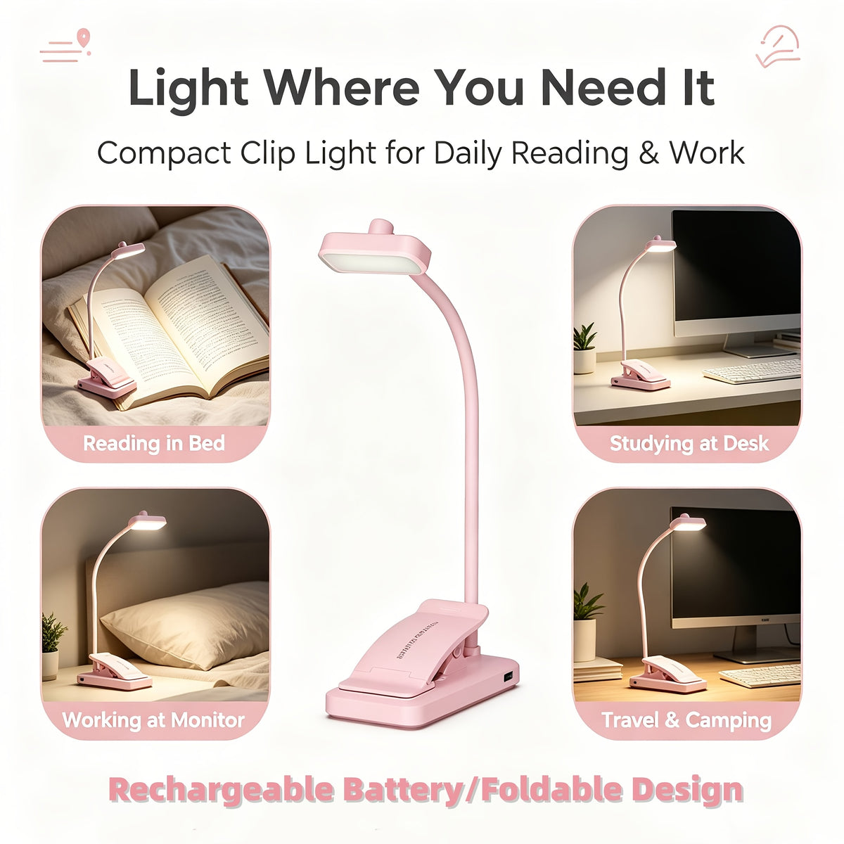 Lampe de lecture à pince rose pliable, col silicone, recharge USB