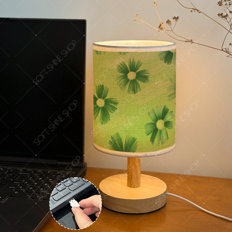 Petite lampe de chevet USB à marguerites vertes, abat-jour tissu