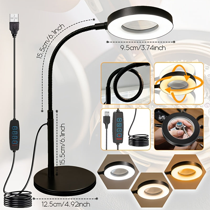Lampe de bureau LED à loupe x5 et col de cygne, 3 teintes USB