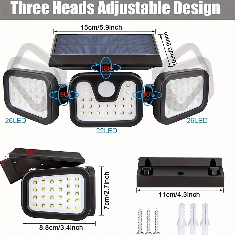 Applique solaire 74 LED à têtes orientables, 800 lumens, détecteur