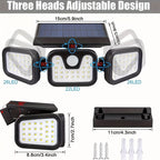 Applique solaire 74 LED à têtes orientables, 800 lumens, détecteur