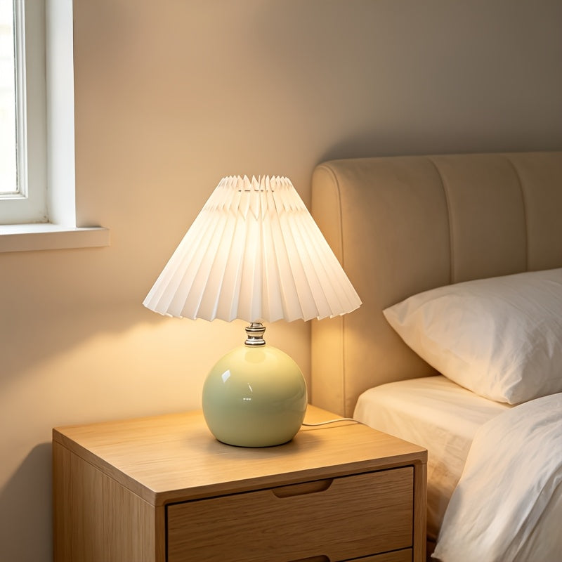 Lampe de chevet boule vert pâle, abat-jour plissé blanc, USB