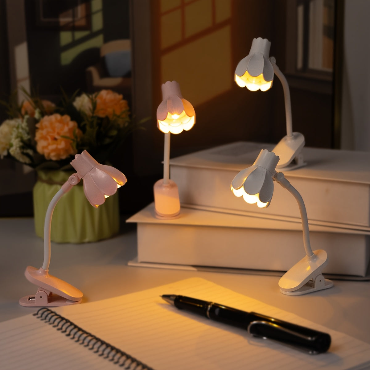 Lot de 2 mini lampes de lecture à pince en forme de fleur, à piles
