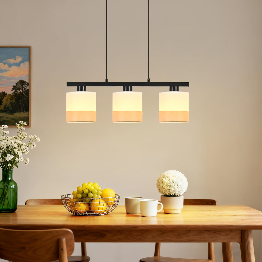 Suspension 3 abat-jour en tissu blanc sur barre noire de 58 cm
