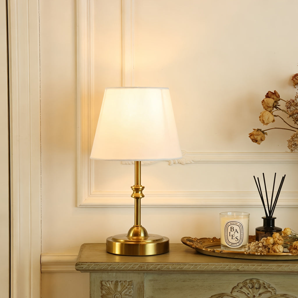 Lampe de chevet sans fil, abat-jour tissu blanc, pied doré, 2 tailles