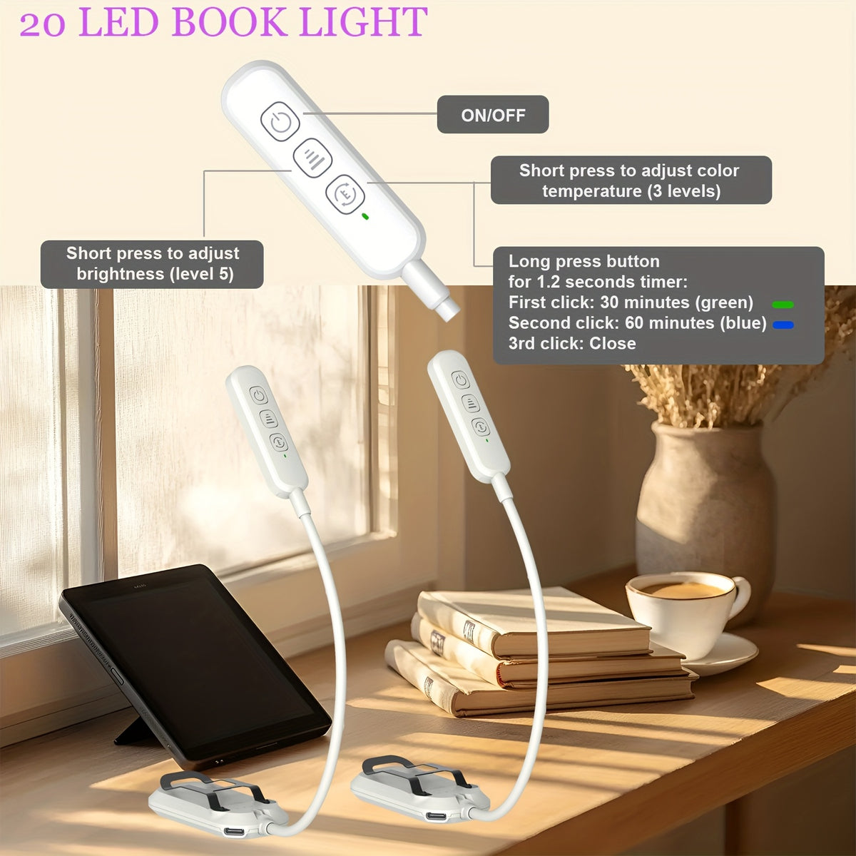 Lampe de lecture à pince 20 LED de 54 g, lumière ambrée 1600 K