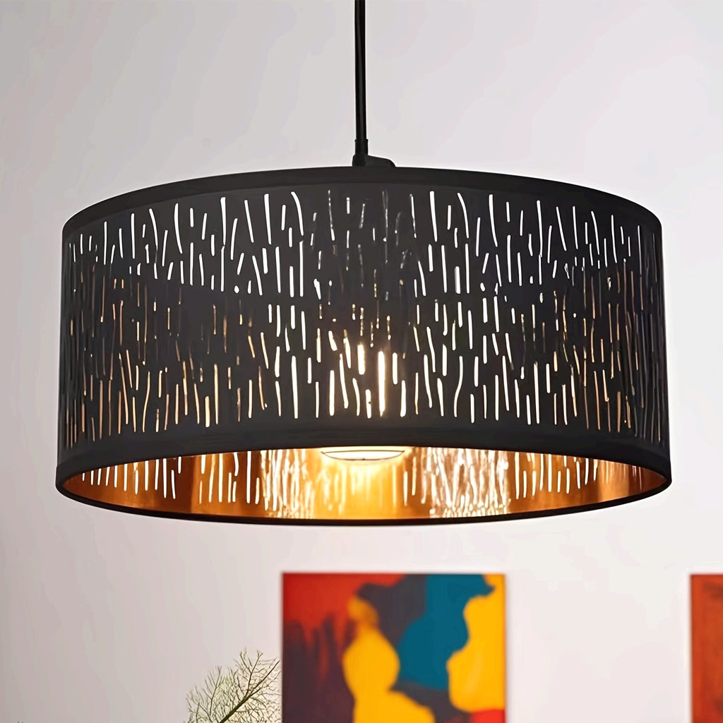 Abat-jour tambour noir ajouré à intérieur doré, Ø 30 x H 13 cm