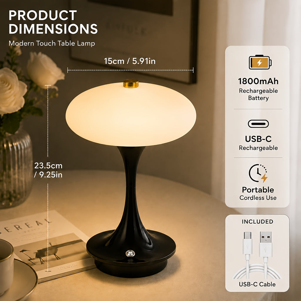 Lampe champignon sans fil à dôme opalin, pied orange, noir ou blanc