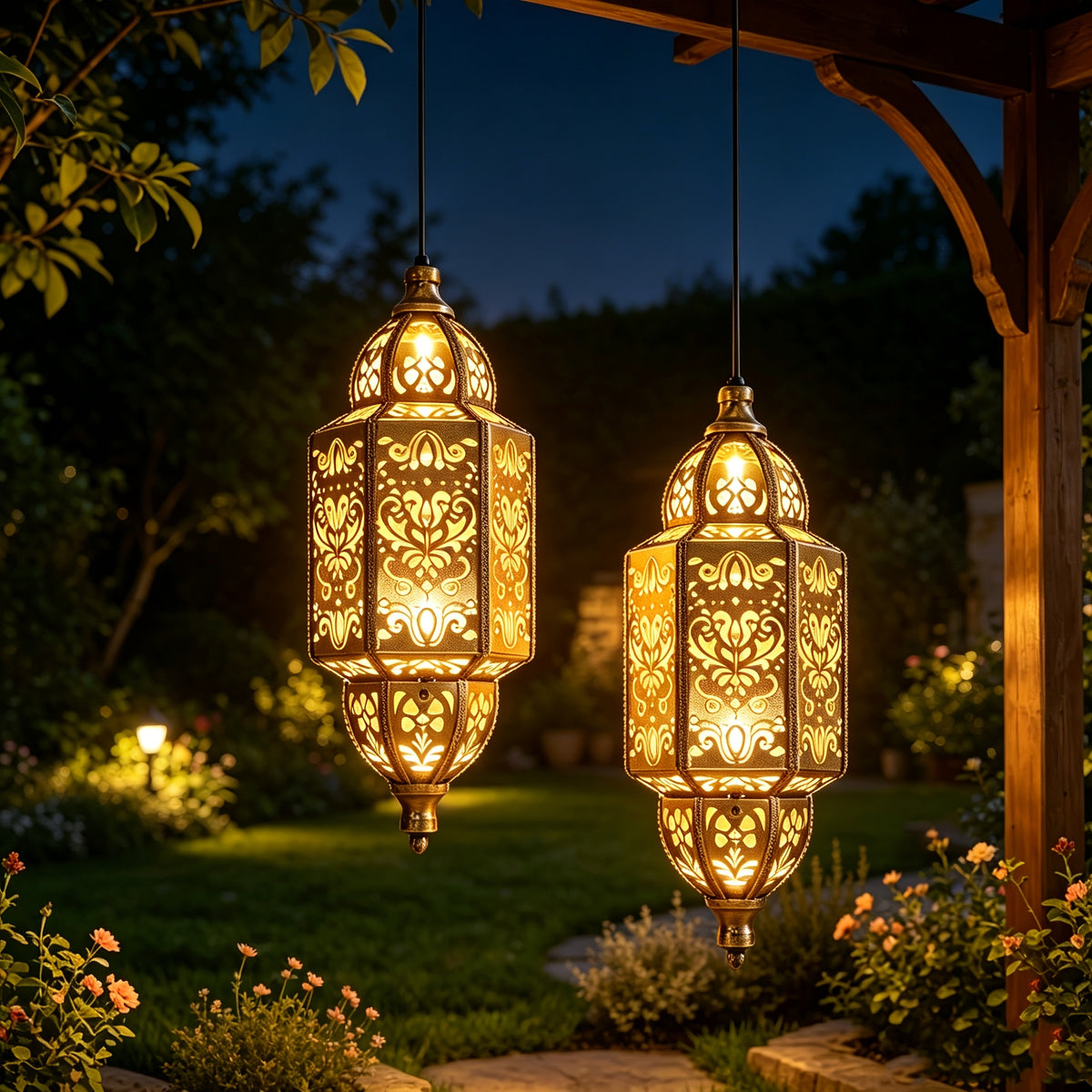 Lanterne solaire marocaine dorée à suspendre en métal, lot de 2
