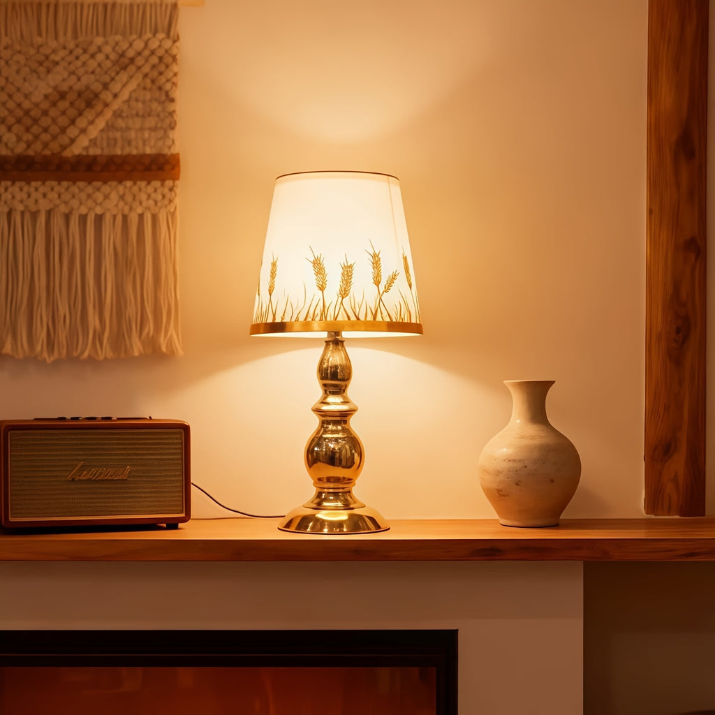 Lampe de chevet abat-jour épis de blé, pied balustre poli et LED