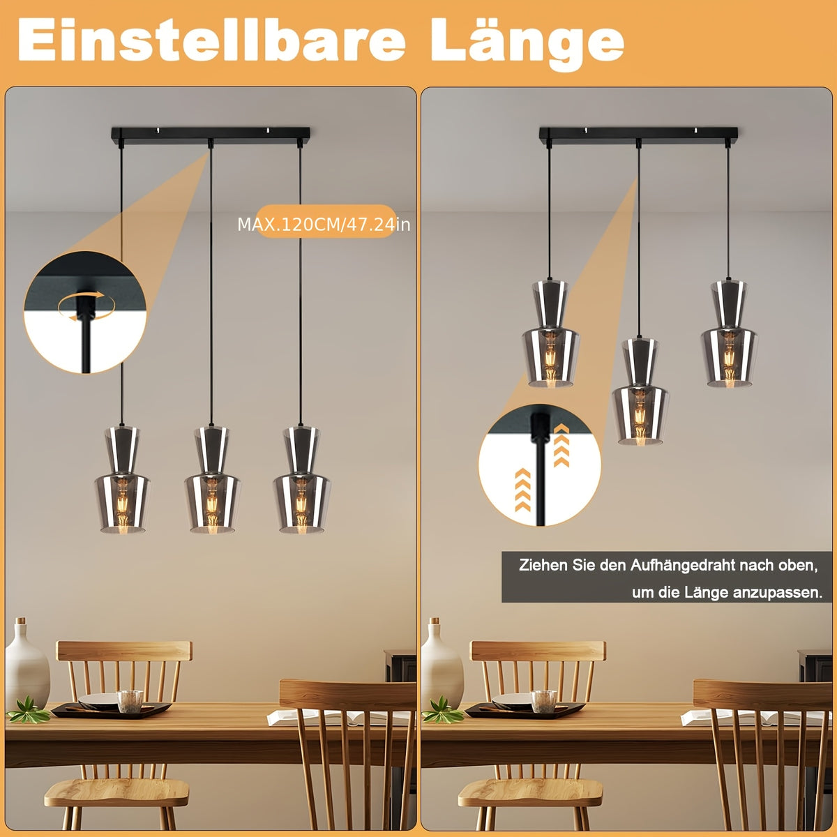 Suspension 3 tulipes en verre gris fumé, câbles jusqu'à 150 cm