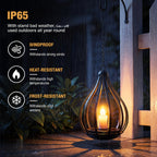 Lanterne solaire goutte en métal noir, bougie LED vacillante, IP65