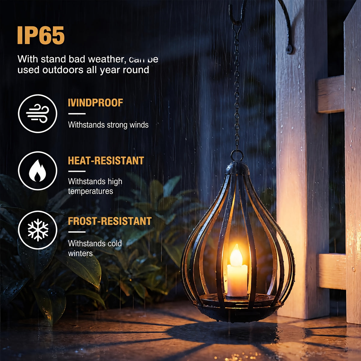Lanterne solaire goutte en métal noir, bougie LED vacillante, IP65