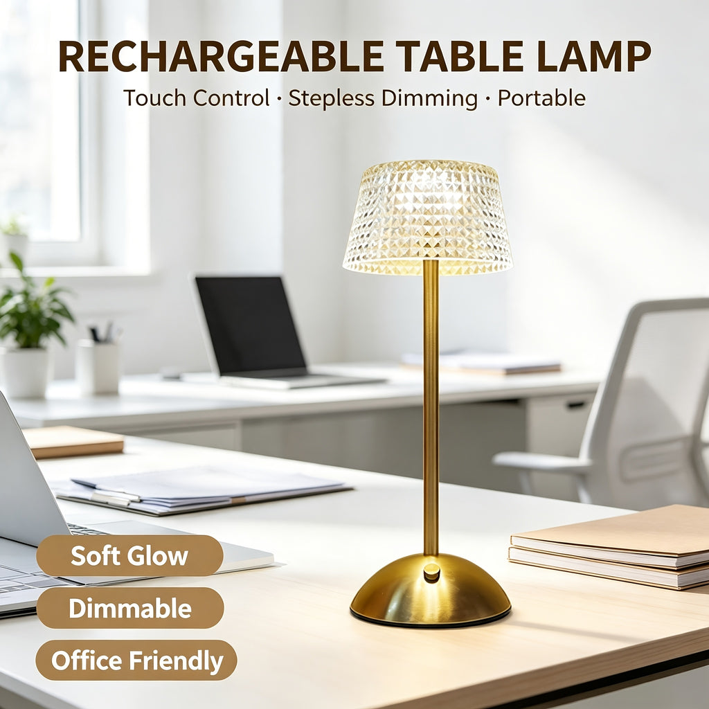 Lampe de bureau LED sans fil, abat-jour acrylique taillé et pied doré