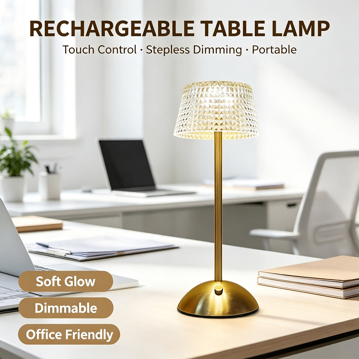 Lampe de bureau LED sans fil, abat-jour acrylique taillé et pied doré