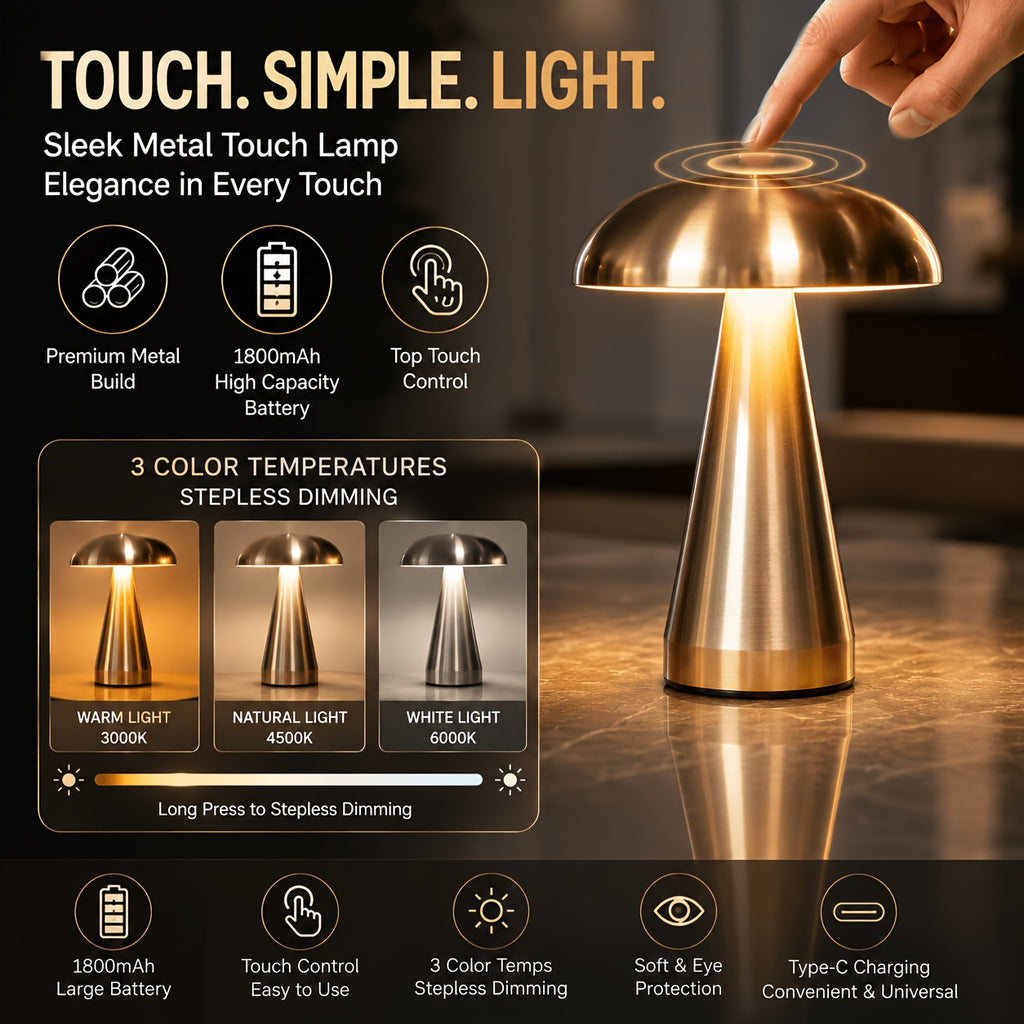 Lampe champignon sans fil en métal, 20,5 cm, 3 teintes et variateur