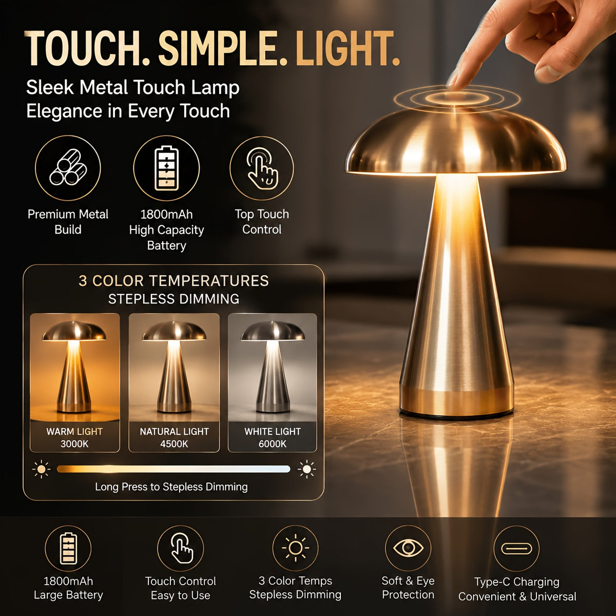 Lampe champignon sans fil en métal, 20,5 cm, 3 teintes et variateur
