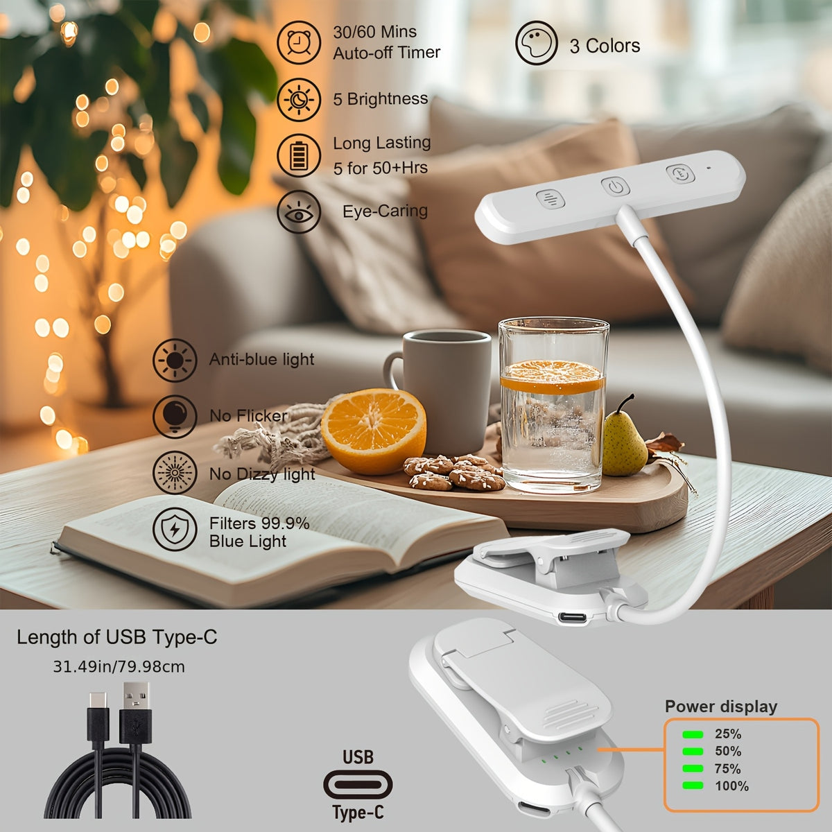 Lampe de lecture à pince barre 25 LED, minuterie, noire ou blanche
