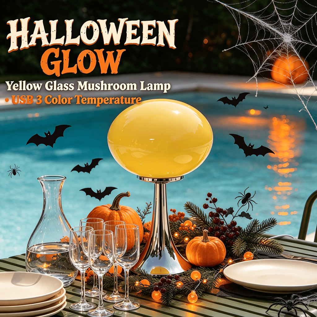 Lampe champignon en verre ovale sur pied chromé, USB, 3 teintes