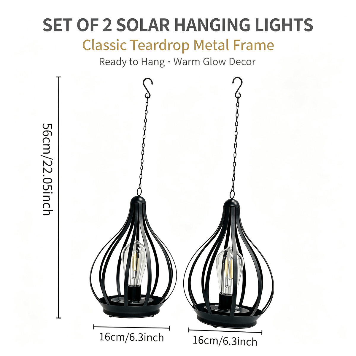 Lot de 2 suspensions solaires goutte en métal noir, ampoule filament