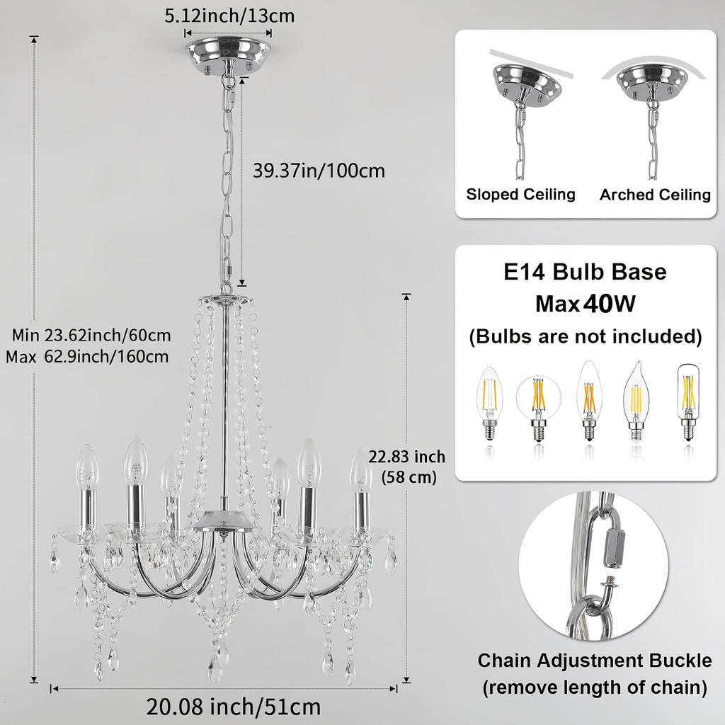 Lustre chromé à 6 bras et pampilles de cristal, douilles E14