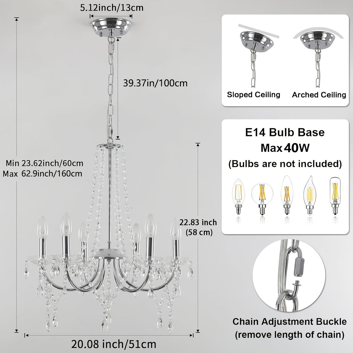 Lustre chromé à 6 bras et pampilles de cristal, douilles E14
