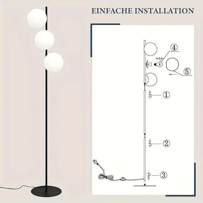 Lampadaire trois boules de verre blanc en cascade, pied doré