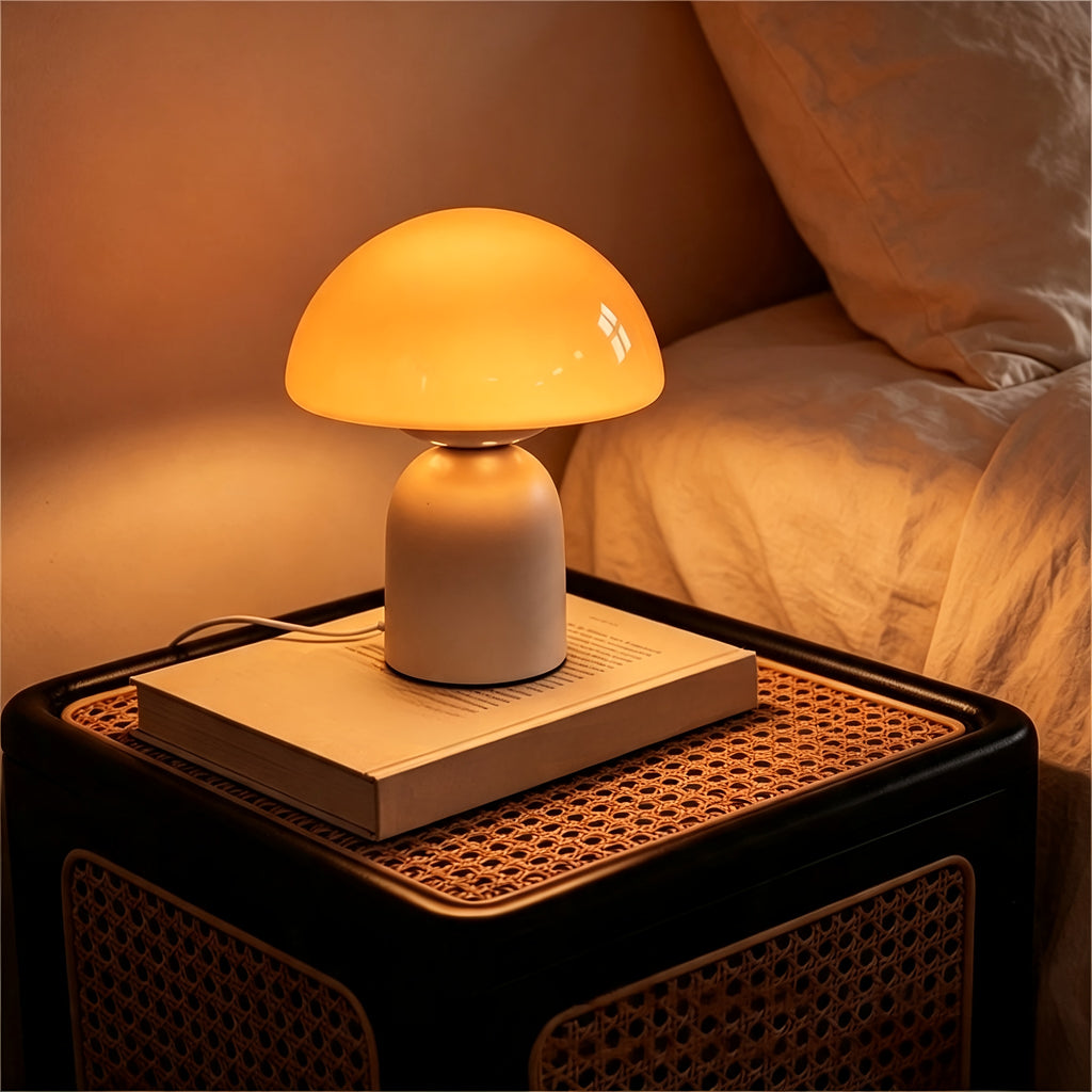 Lampe champignon en verre coloré et pied blanc, branchement USB