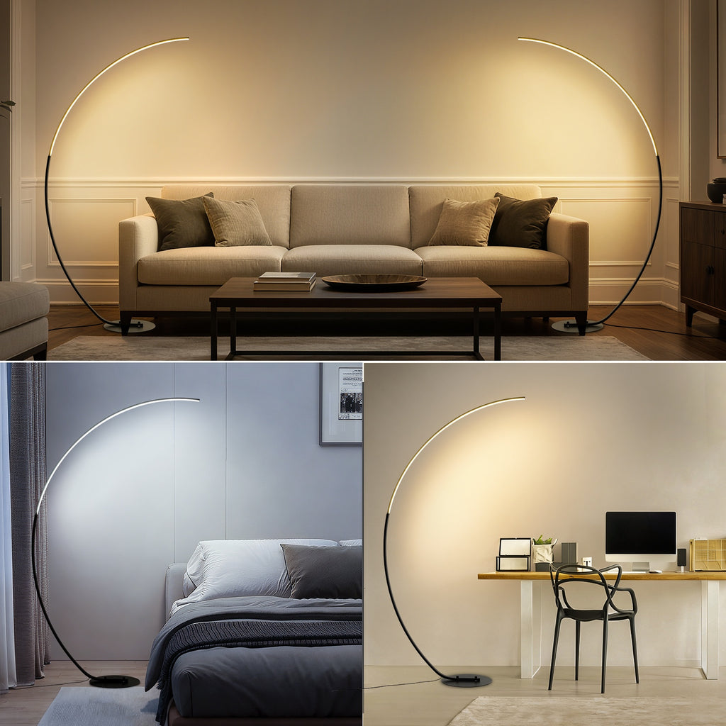 Lampadaire arc LED noir 180 cm, trois blancs et variateur