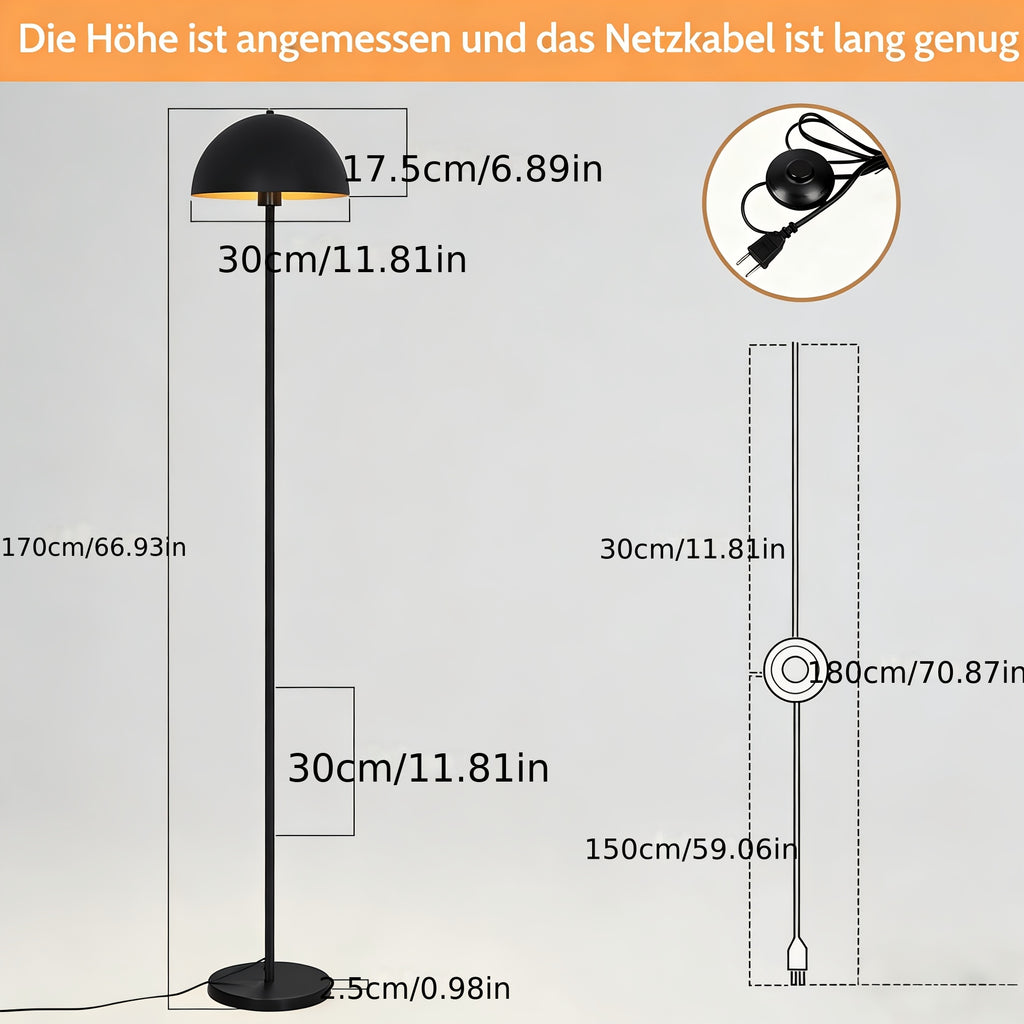 Lampadaire de bureau dôme noir et or, socle épais de 25 cm