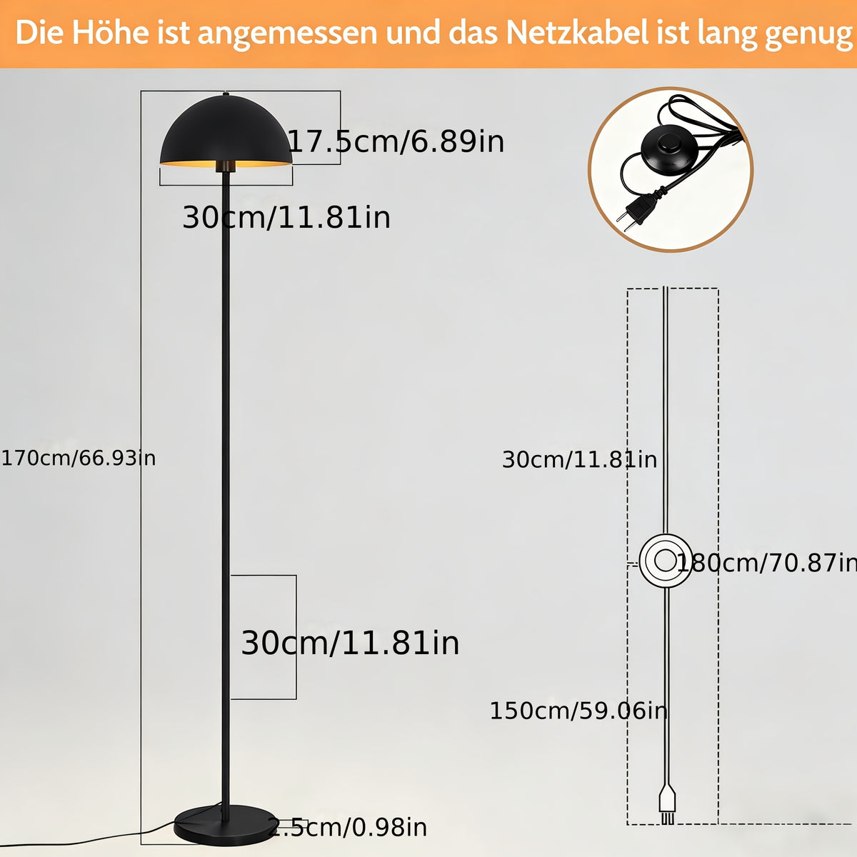 Lampadaire de bureau dôme noir et or, socle épais de 25 cm