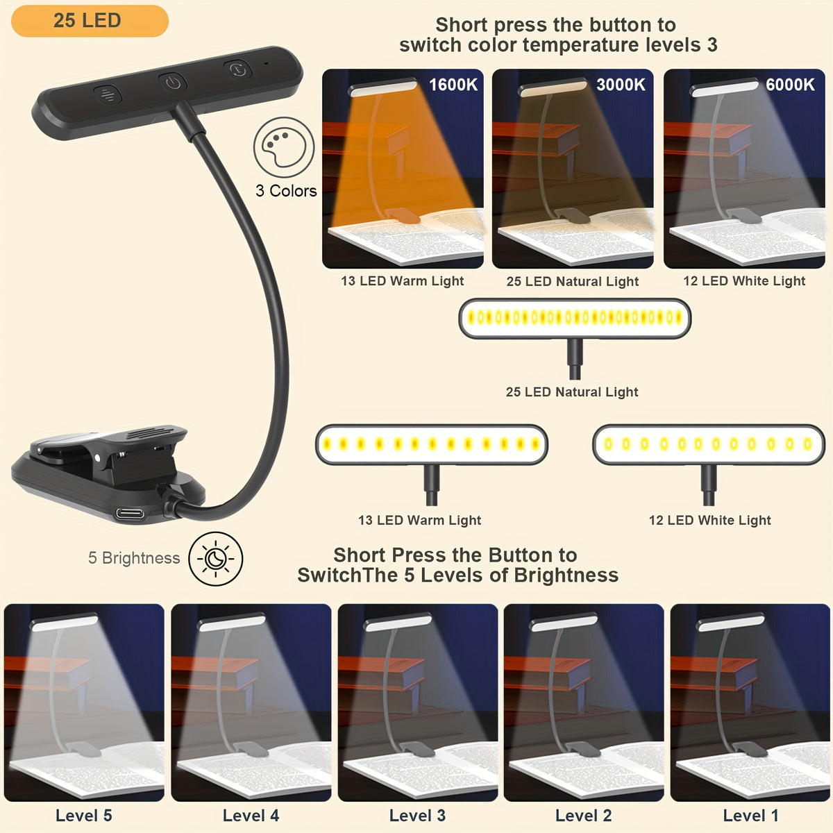 Lampe de lecture à pince barre 25 LED, minuterie, noire ou blanche