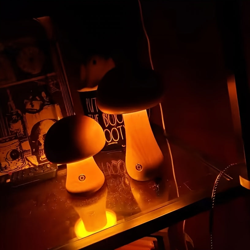 Lampe champignon en bois sans fil, veilleuse tactile rechargeable
