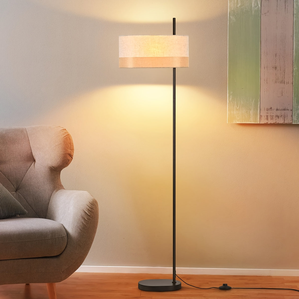 Lampadaire noir à abat-jour tambour en tissu bicolore, 154 cm