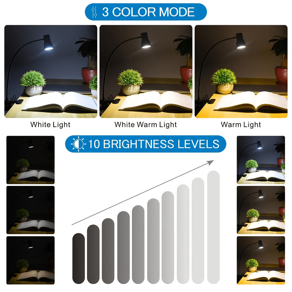 Lampe de lecture à pince noire en trompette, tête de 6 cm, USB