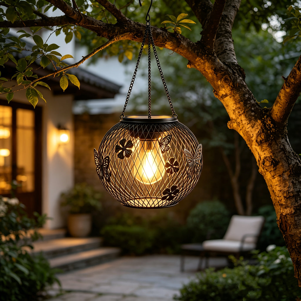 Suspension solaire boule grillagée noire, fleurs et papillons IP65