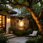 Suspension solaire boule grillagée noire, fleurs et papillons IP65