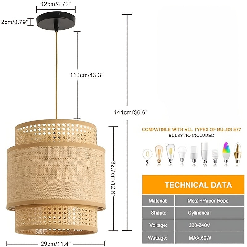 Suspension en cannage de rotin à deux étages, Ø 29 cm, platine noire