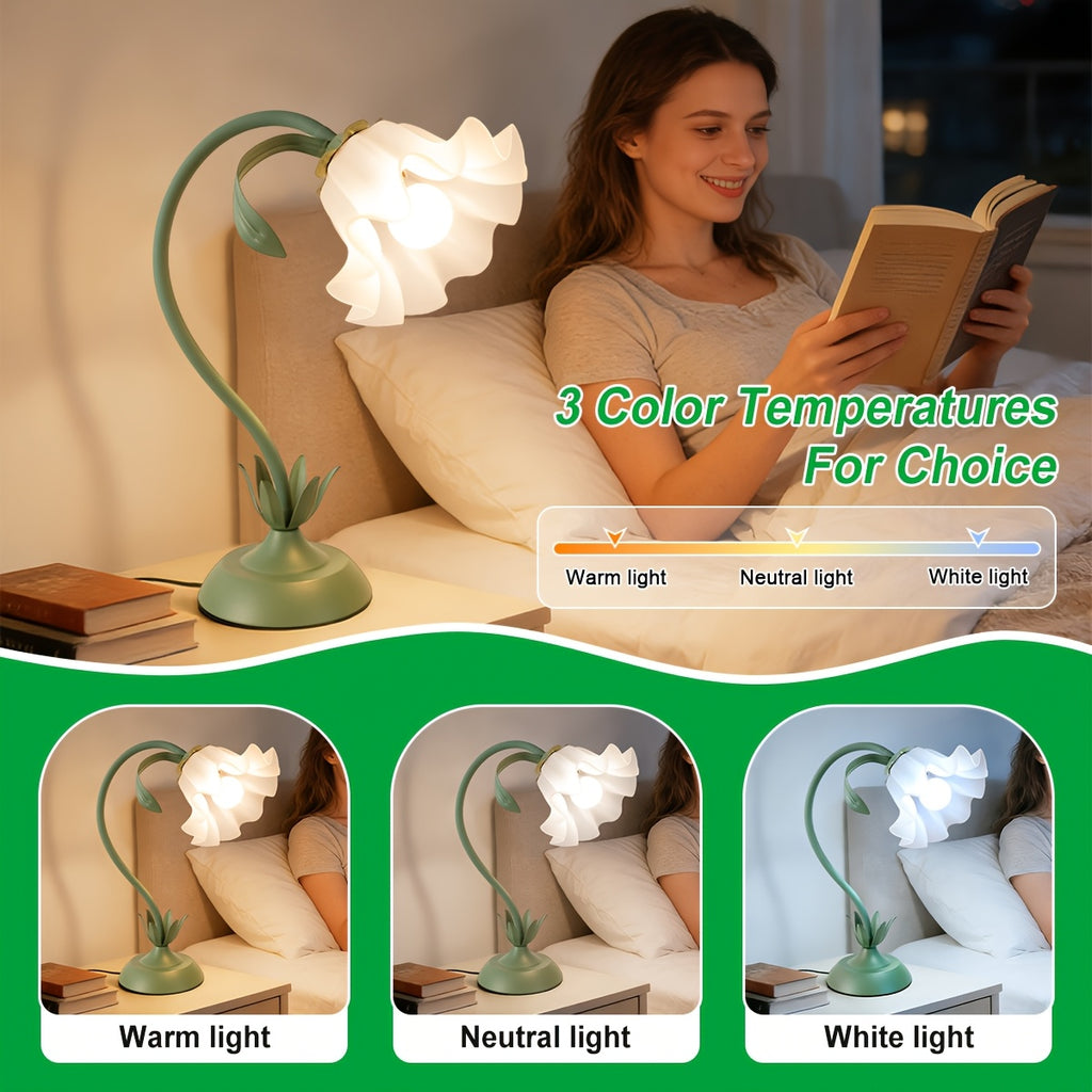 Lampe fleur à col flexible, corolle acrylique, vert ou rose, USB