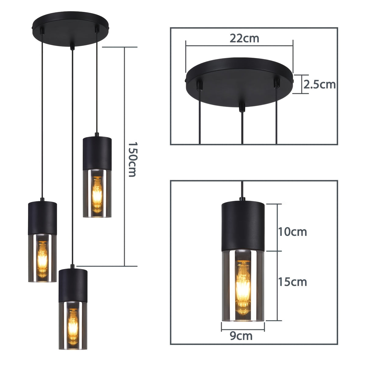 Suspension 3 cylindres en verre fumé et métal noir, rosace ronde