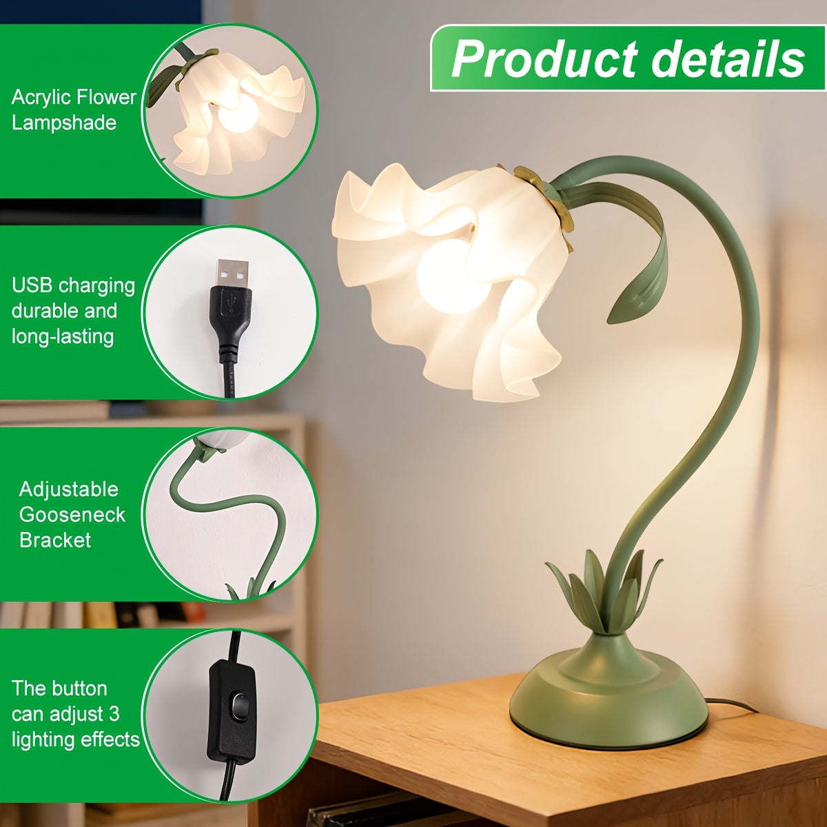 Lampe fleur à col flexible, corolle acrylique, vert ou rose, USB